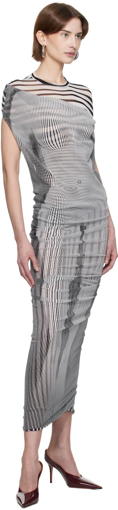 JEAN PAUL GAULTIER Long Dress With Asymmetric Neckline And Striped Pattern In Gray