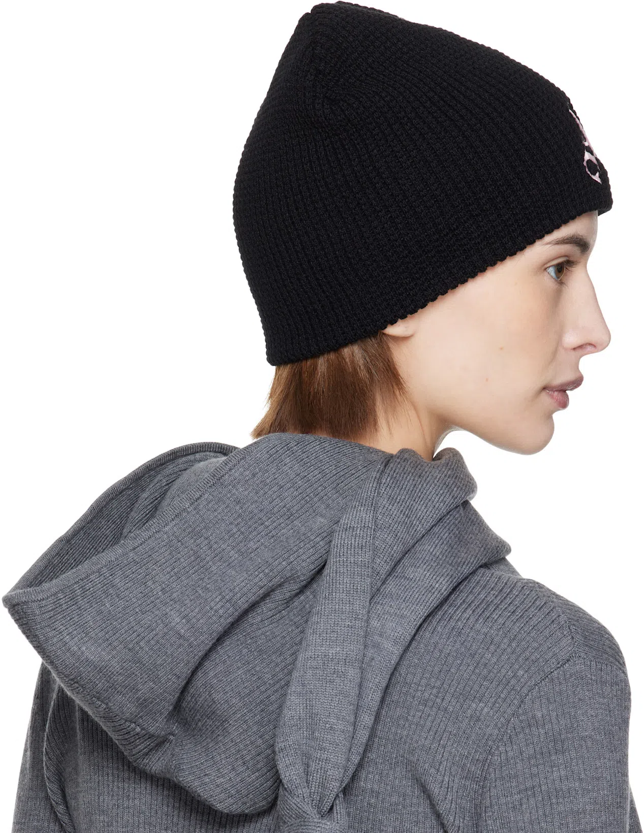 AARON ESH Black 'ae' Waffle Beanie In Blaxk/pink