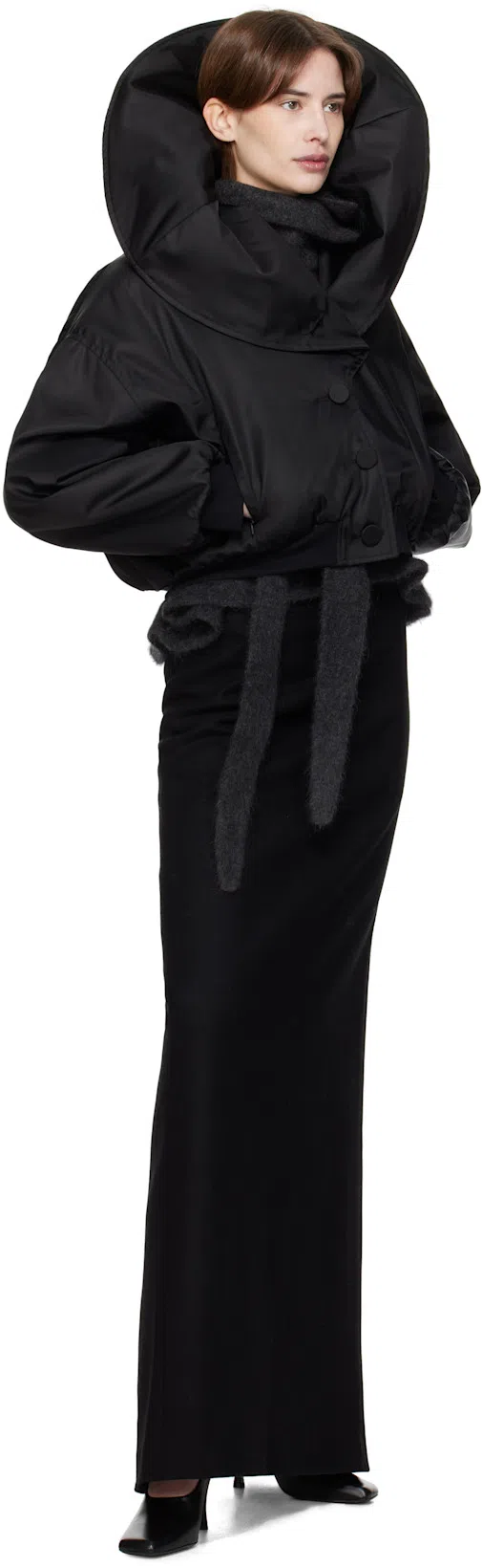 AARON ESH Black Shoulder Lapel Bomber Jacket In Black Nylon