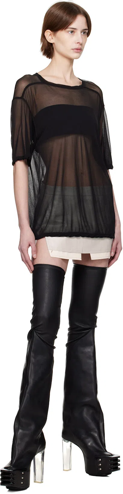 RICK OWENS Leather Over The Knee Boots With Platform Sole 12cm In Black