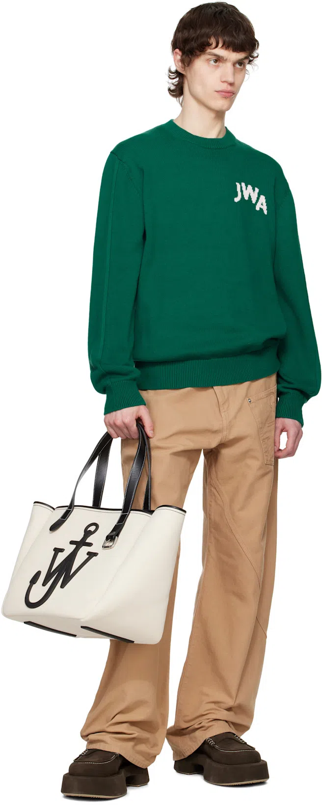 JW ANDERSON Mens Twisted Workwear Panelled Wide-leg Cotton Trousers Flax