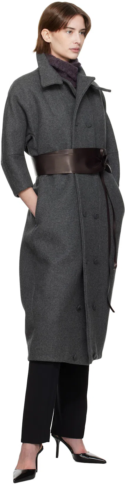 AARON ESH Gray Double Button Cocoon Coat In Grey Wool Melange