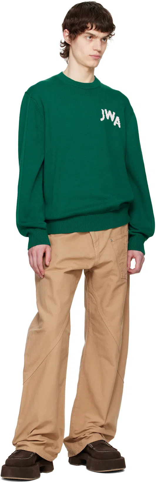 JW ANDERSON Mens Twisted Workwear Panelled Wide-leg Cotton Trousers Flax