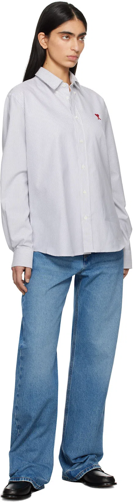 JACQUEMUS Wide Leg High Rise Jeans With Contrast Stitching In Blue