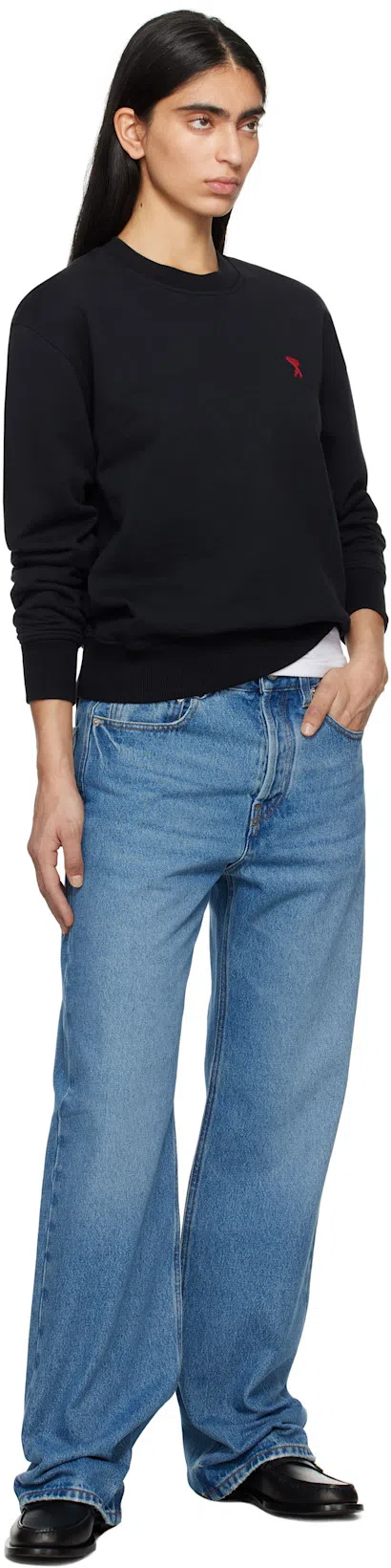 JACQUEMUS Wide Leg High Rise Jeans With Contrast Stitching In Blue