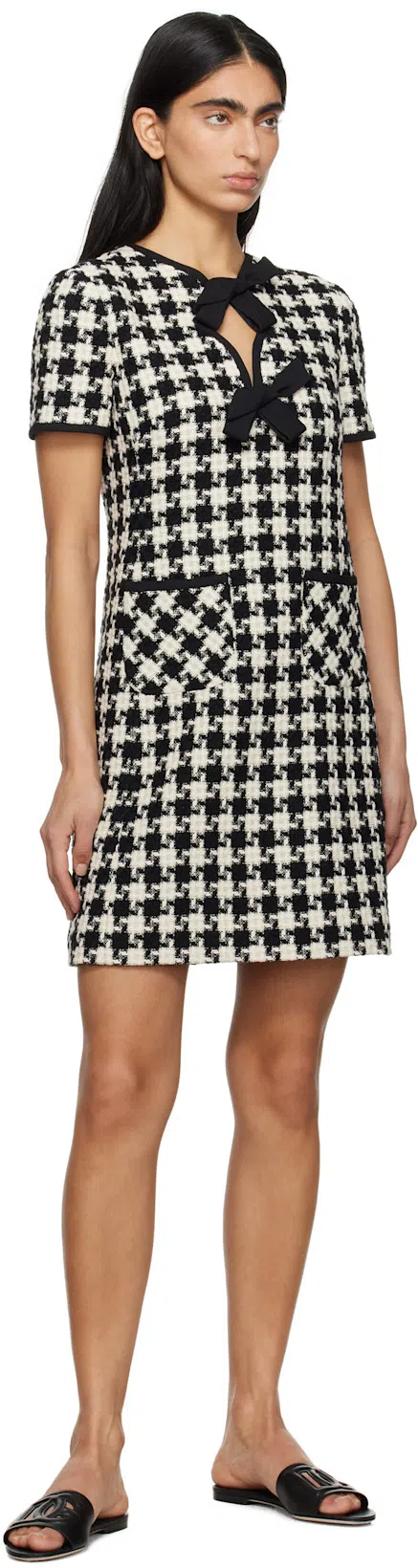 VALENTINO Embroidered Damier Light Tweed Short Dress In Black