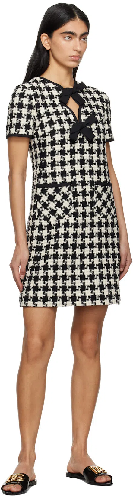 VALENTINO Embroidered Damier Light Tweed Short Dress In Black