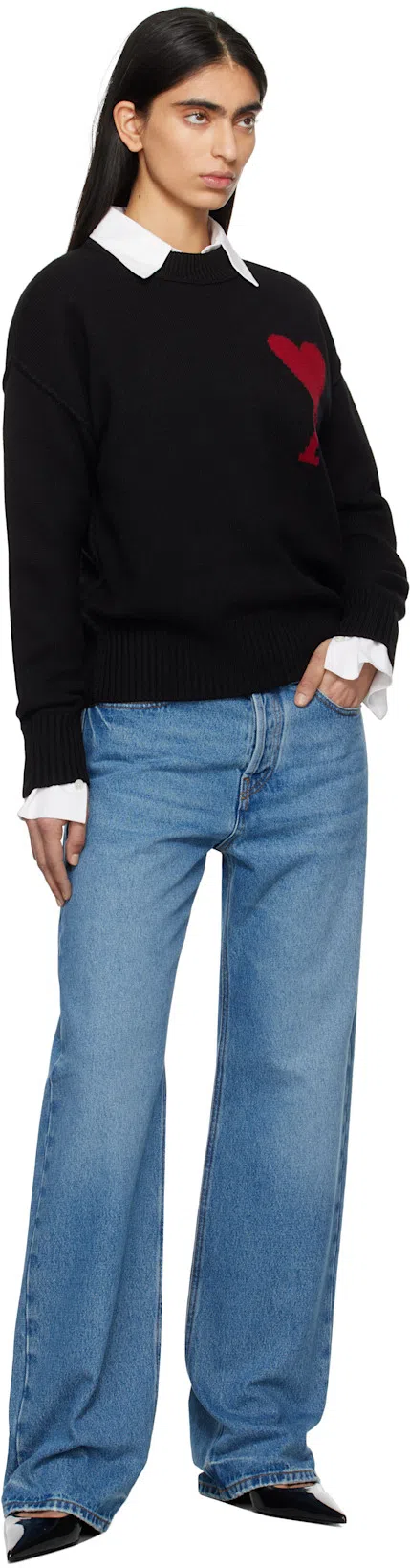 JACQUEMUS Wide Leg High Rise Jeans With Contrast Stitching In Blue