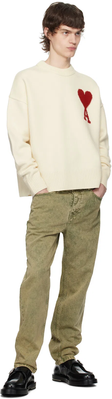 AMI ALEXANDRE MATTIUSSI Ami Paris Ami Heart Design Wool Sweater In Intarsia Knit In White