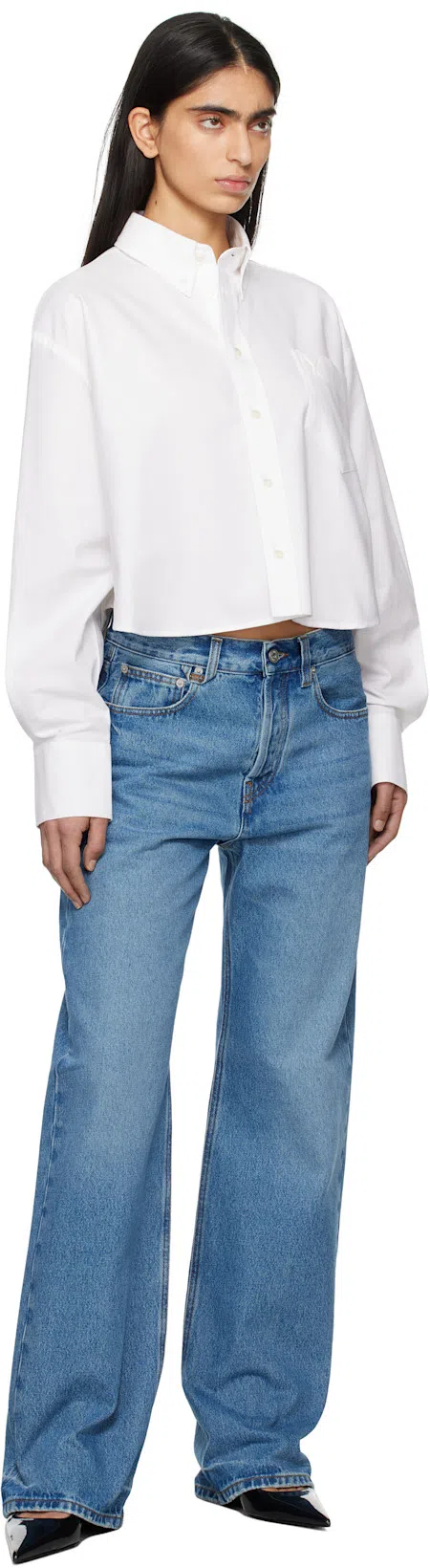 JACQUEMUS Wide Leg High Rise Jeans With Contrast Stitching In Blue