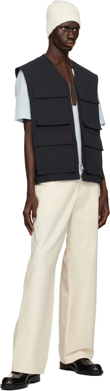 JIL SANDER Textured Deep V-neck T-shirt In Blue