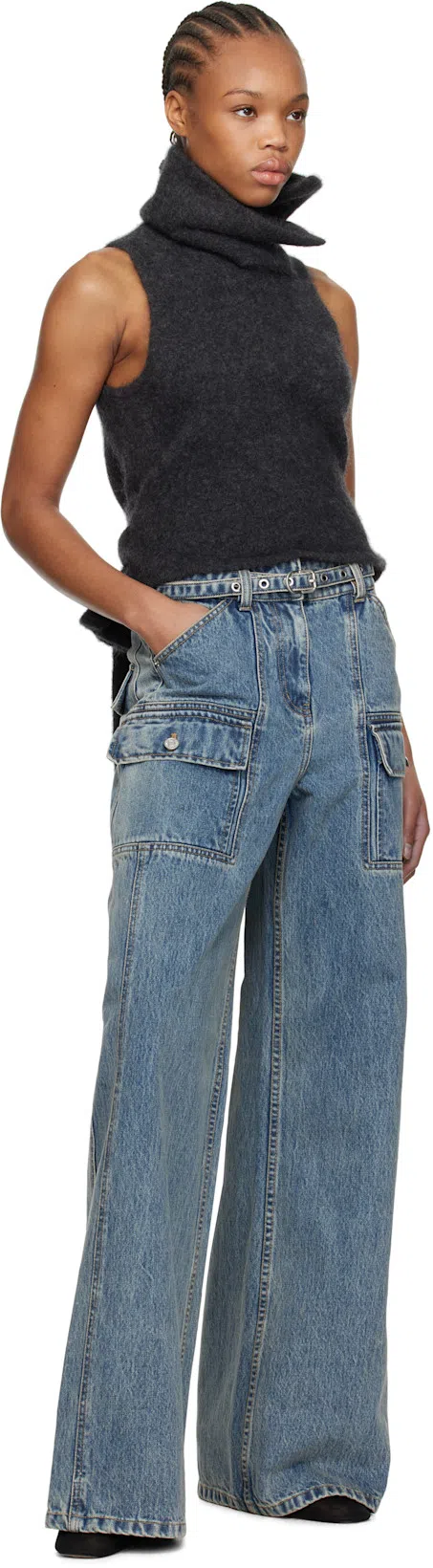 3.1 PHILLIP LIM Blue Wide-leg Belted Cargo Jeans In Washed Indigo