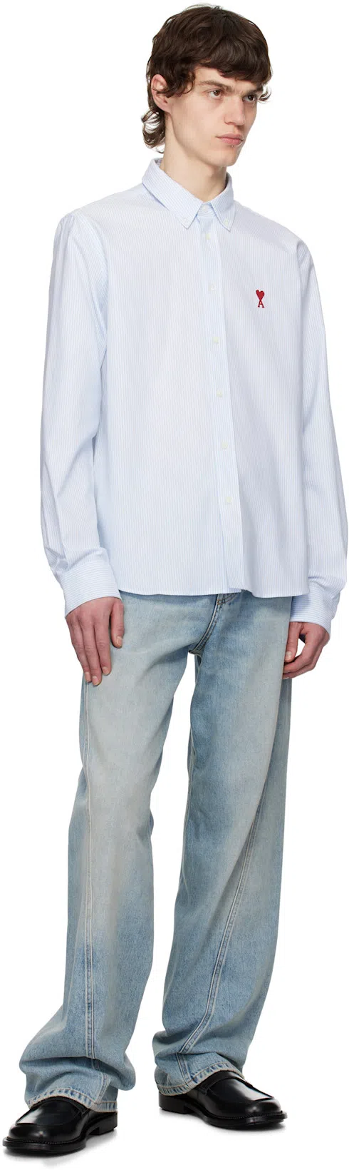 AMI ALEXANDRE MATTIUSSI Adc Button-down Collar Logo-embroidered Striped Cotton Oxford Shirt In Blue