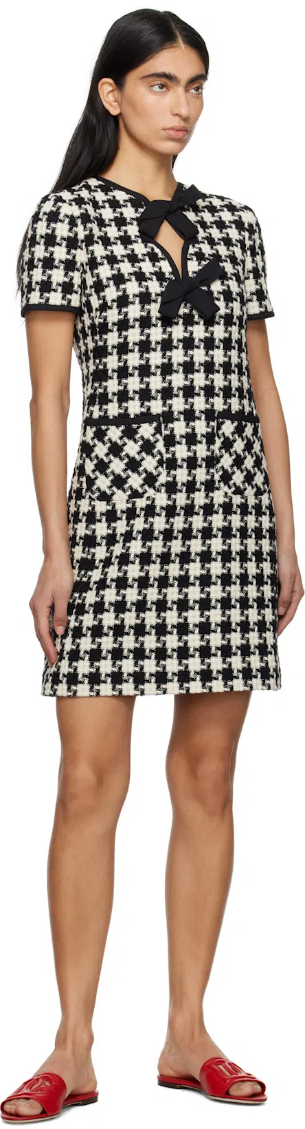 VALENTINO Embroidered Damier Light Tweed Short Dress In Black