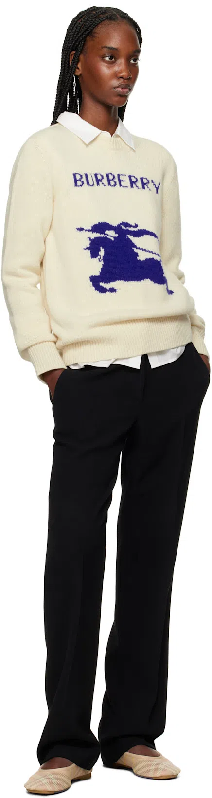 BURBERRY Beige Check Knit Ballerinas With Rubber Sole In Tea Cup Ip Check