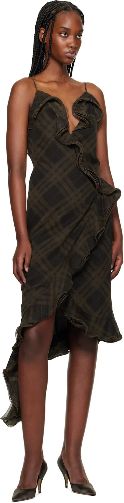 BURBERRY Green Check Silk Wrap Midi Dress In Oil Ip Check