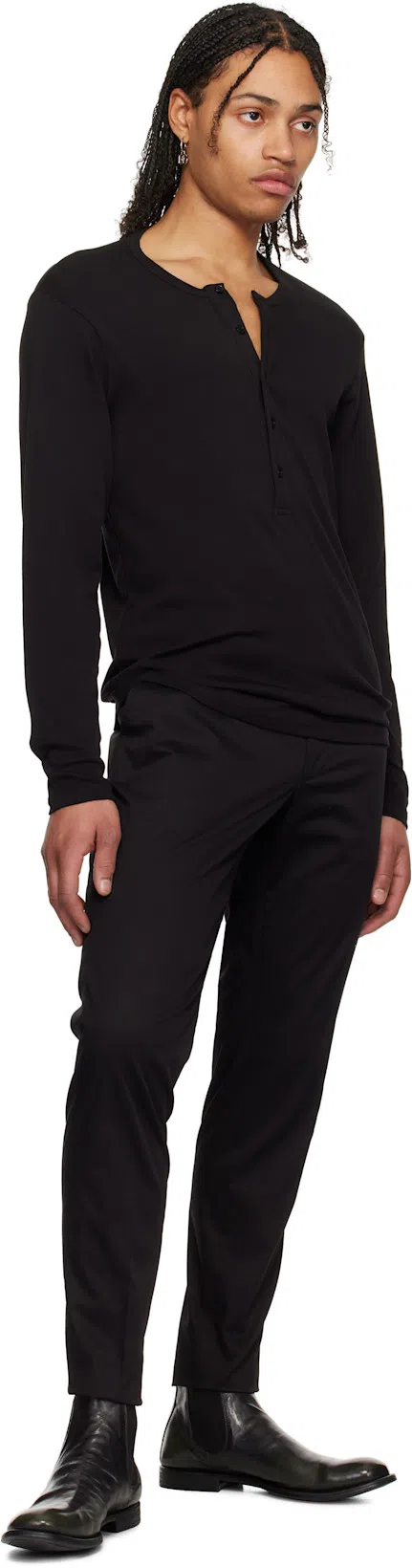 TOM FORD Henley Cotton Stretch Ribbed Long Sleeved T-shirt In Black