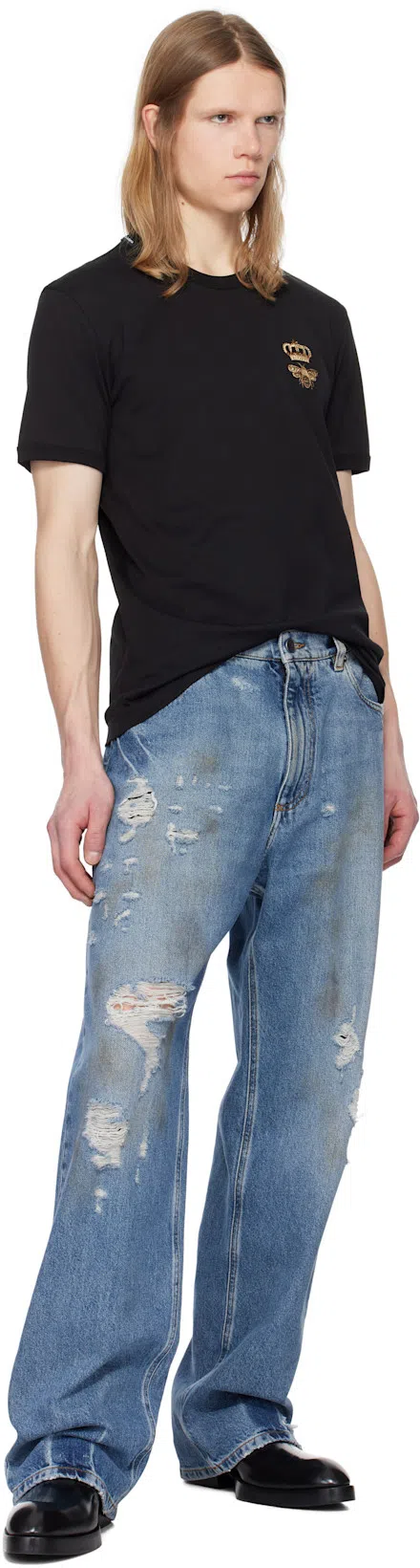 DOLCE & GABBANA Embroidered Bee And Crown Cotton T-shirt In Black