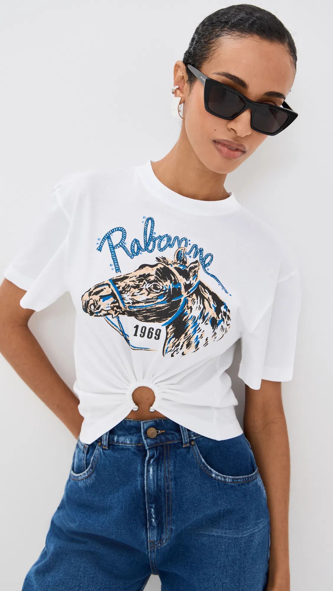 RABANNE White Crewneck Top With Short Sleeves And Ruched Cut-out On The Front In Cotton Woman