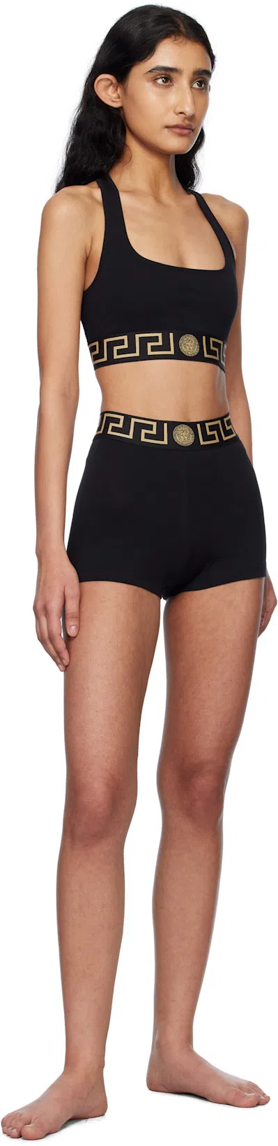 VERSACE Black Sports Bra With Greca And Medusa Detail In Stretch Cotton