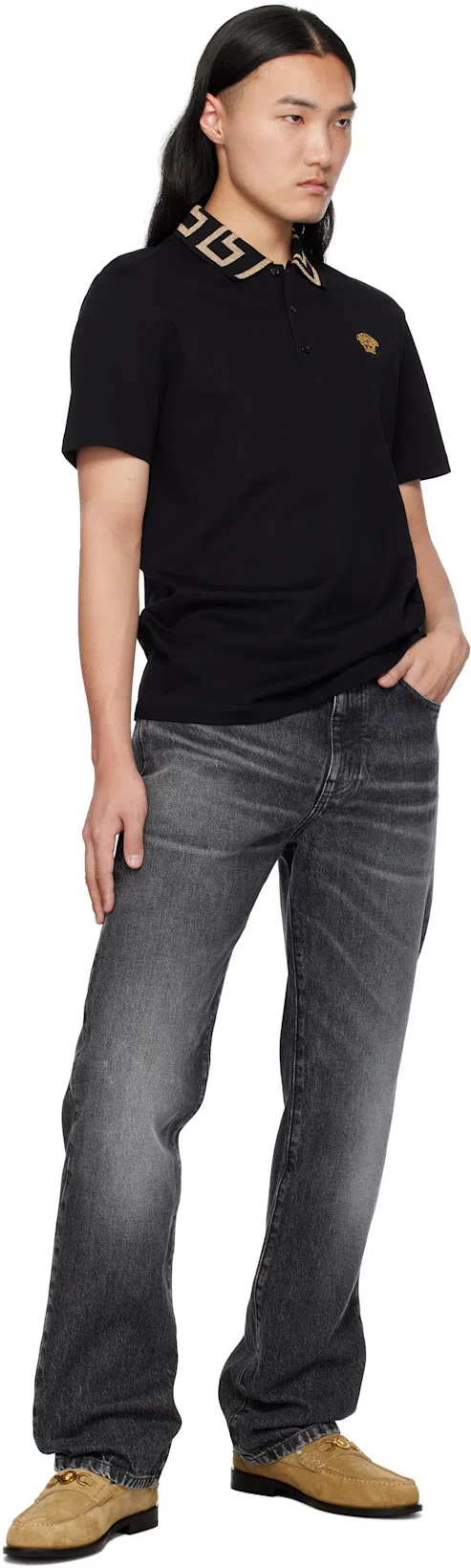 VERSACE Geometric Patterned Black Polo Shirt With Classic Placket