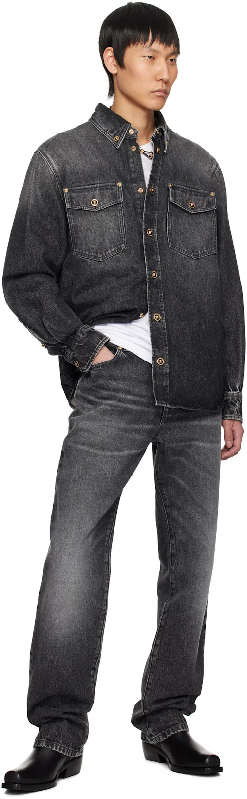 VERSACE Button-up Denim Jacket In Black