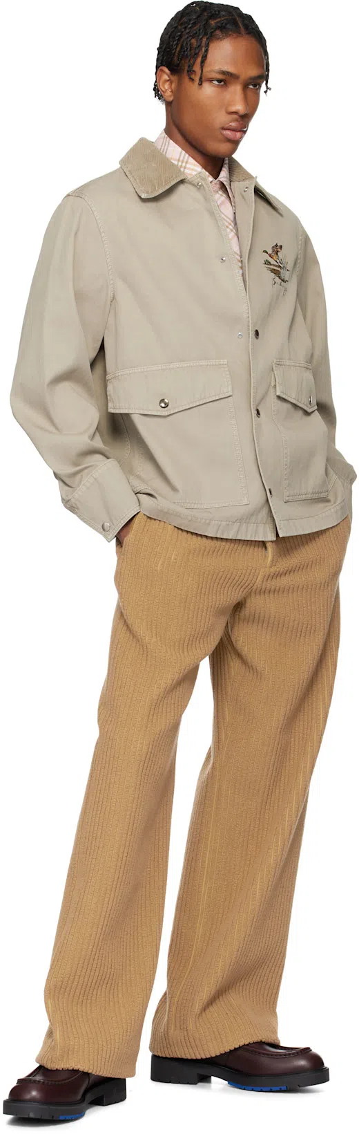 BURBERRY Cotton Jacket With Corduroy Collar And Embroidered Detail In Heron