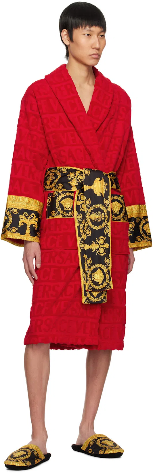 VERSACE I Love Baroque Logo-jacquard Cotton Bathrobe In Red