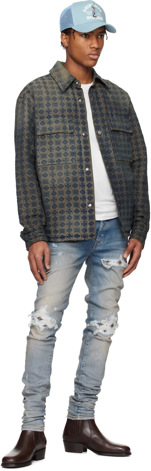 AMIRI 'city' Beige Crewneck T-shirt With Logo Detail On The Front And Maxi Logo Print On The Rear