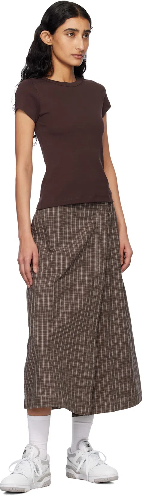 MFPEN Brown Classic Wrap Midi Skirt In Brown Linen Check