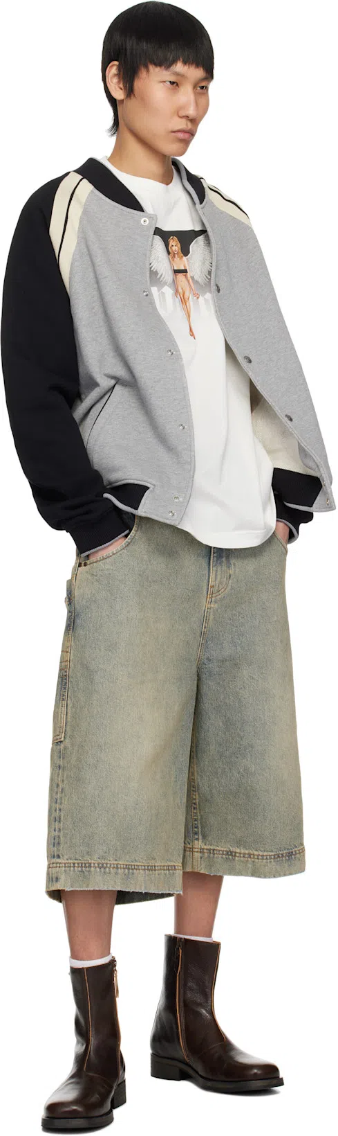 PALM ANGELS Curved Logo Varsity Jacket In Gray