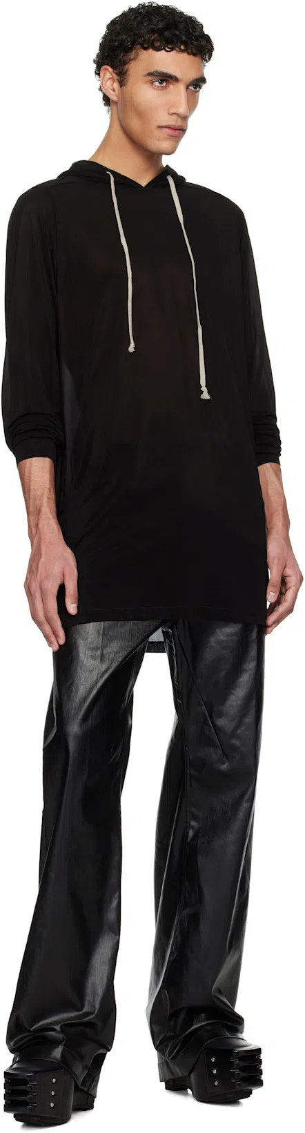 RICK OWENS Hooded Sweatshirt Print Oversized Ribbed Cuffs In Black