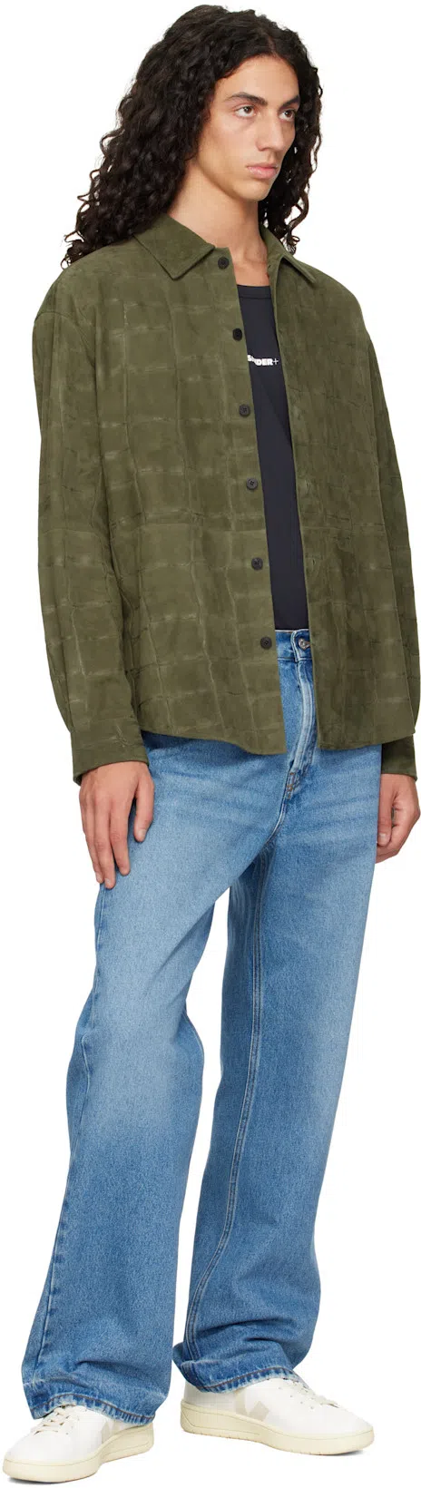 JACQUEMUS La Chemise Croc Embossed Goatskin Suede Button-up Shirt In Khaki