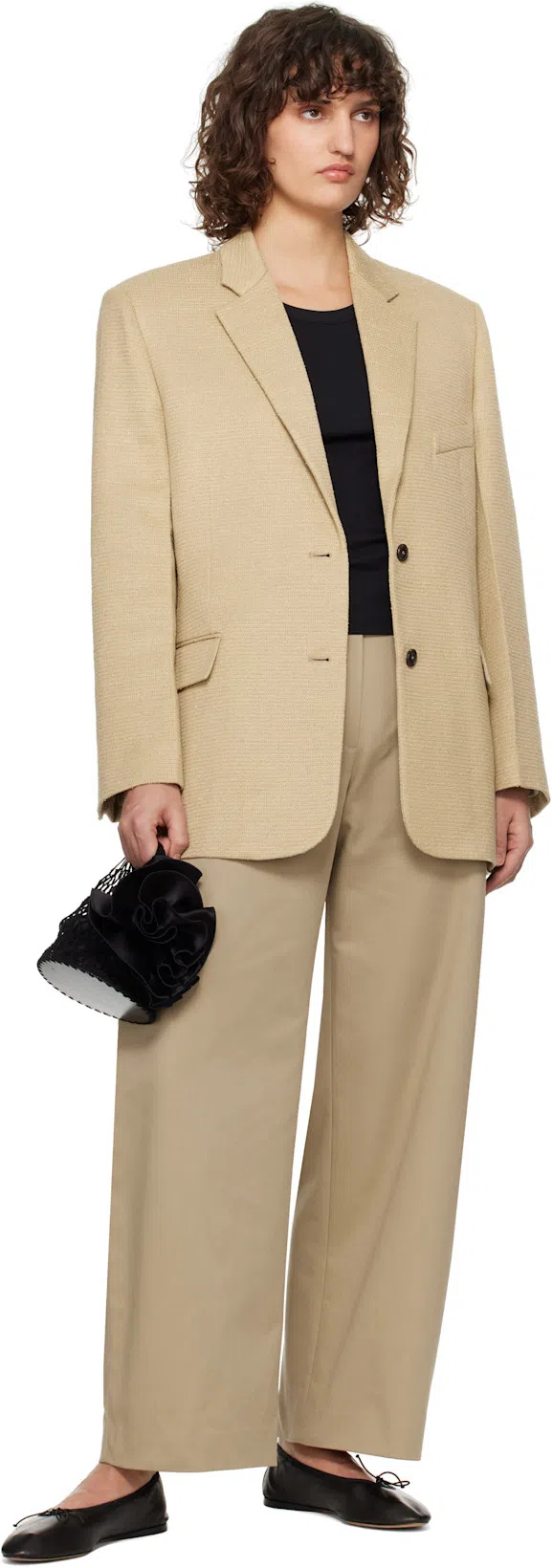 RECTO Beige Oversize Single Breasted Tweed Blazer In Khaki Biege