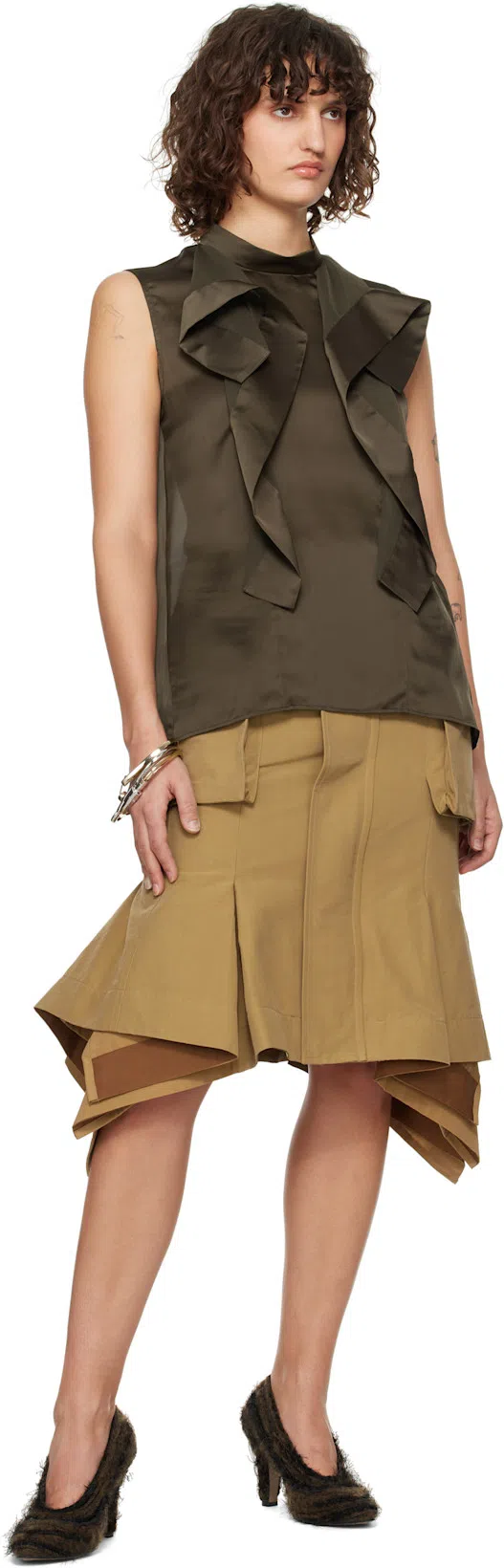 SACAI Satin X Chiffon Pullover In Burgundy