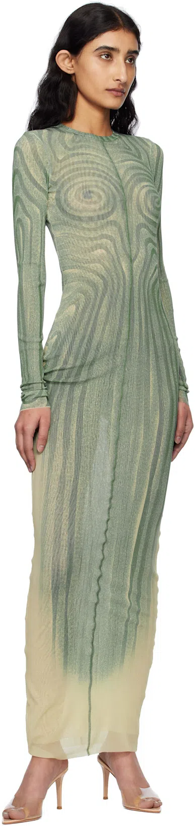 JEAN PAUL GAULTIER Mesh Long Dress With Spiral Print And Ruffles In Green