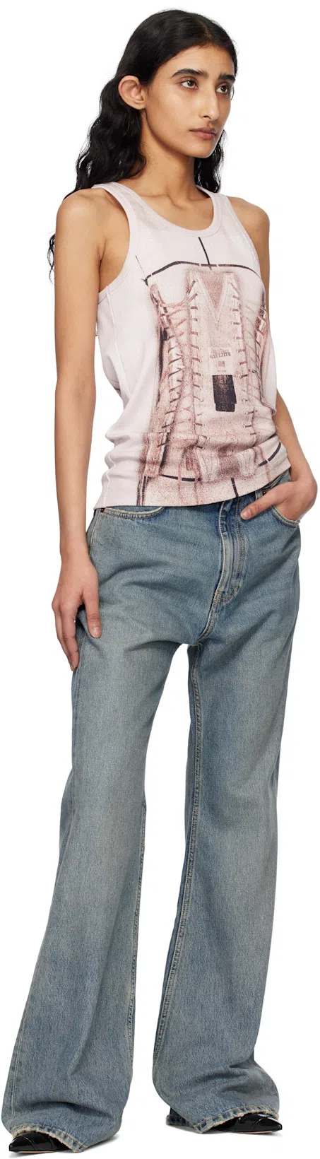 JEAN PAUL GAULTIER Cotton Ribbed Tank Top Printed ''trompe L'ceil Corset'' In Pink