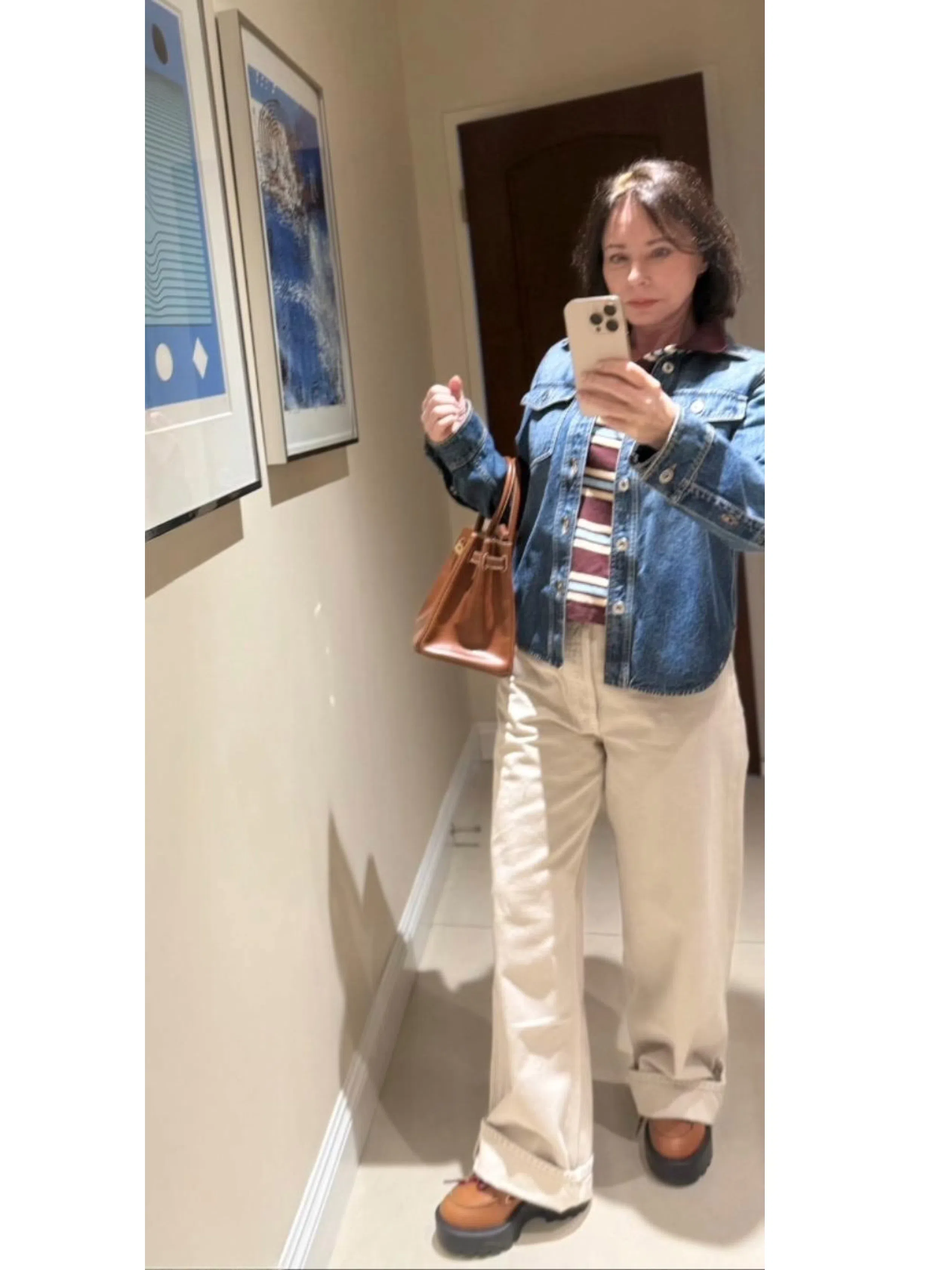 MIU MIU Logo-patch Striped T-shirt In Brown