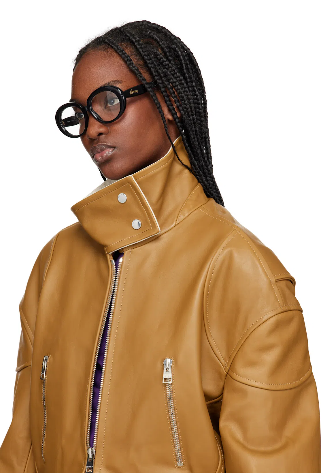 JW ANDERSON Tan Curved Hem High Neck Leather Jacket In 640 Tan