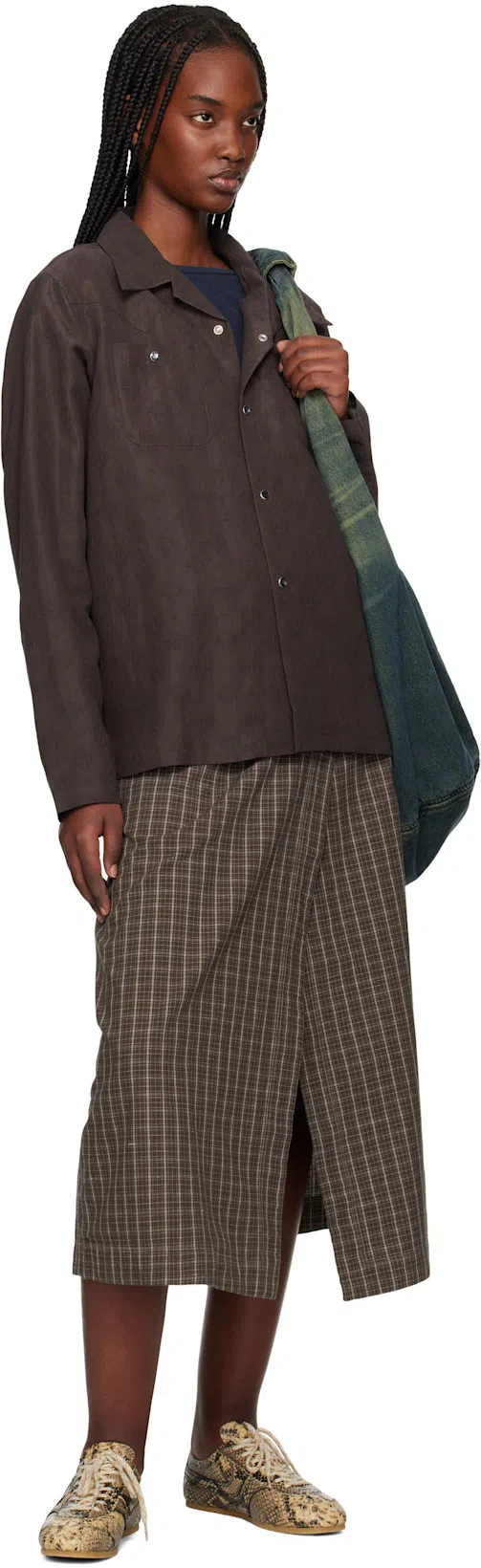 MFPEN Brown Classic Wrap Midi Skirt In Brown Linen Check