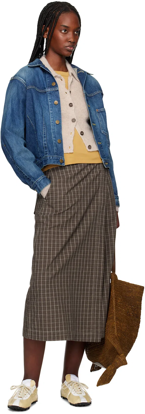 MFPEN Brown Classic Wrap Midi Skirt In Brown Linen Check