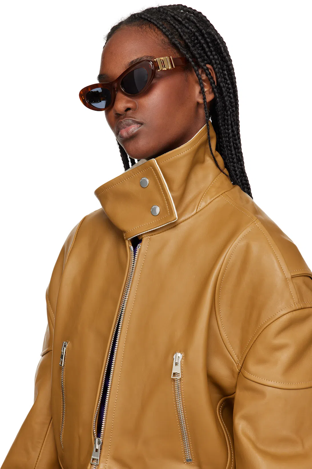 JW ANDERSON Tan Curved Hem High Neck Leather Jacket In 640 Tan