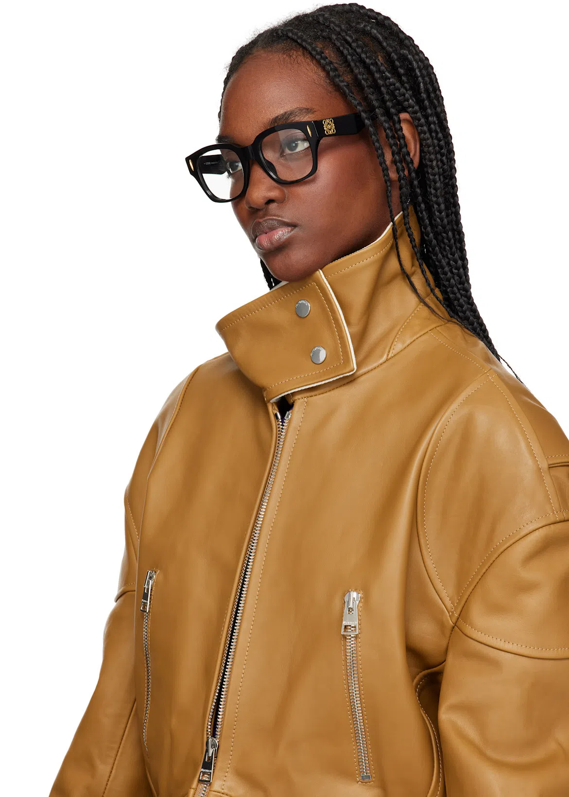 JW ANDERSON Tan Curved Hem High Neck Leather Jacket In 640 Tan