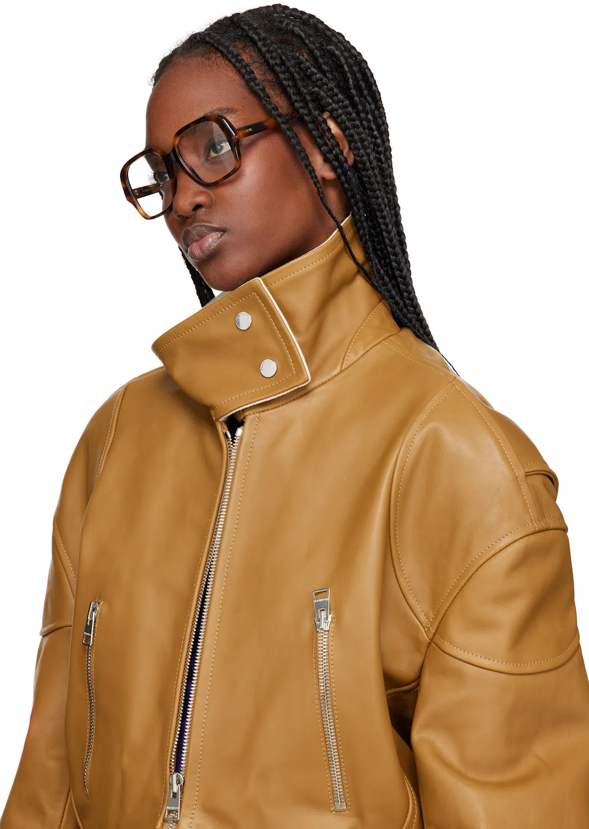 JW ANDERSON Tan Curved Hem High Neck Leather Jacket In 640 Tan
