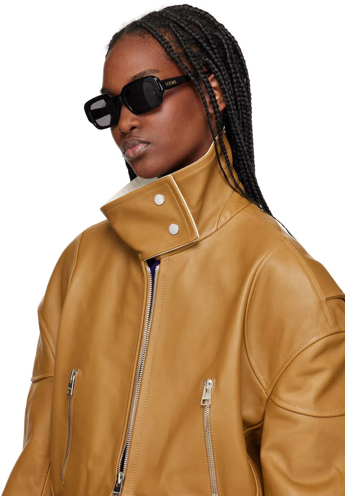 JW ANDERSON Tan Curved Hem High Neck Leather Jacket In 640 Tan