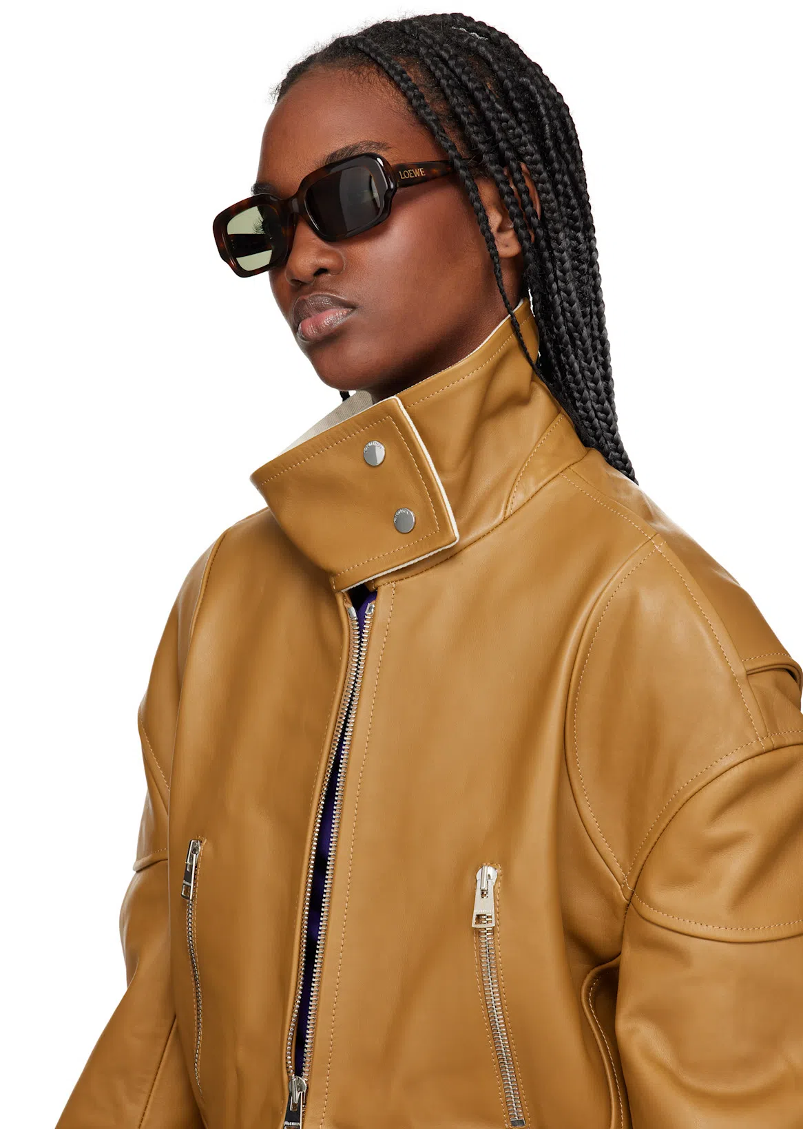 JW ANDERSON Tan Curved Hem High Neck Leather Jacket In 640 Tan