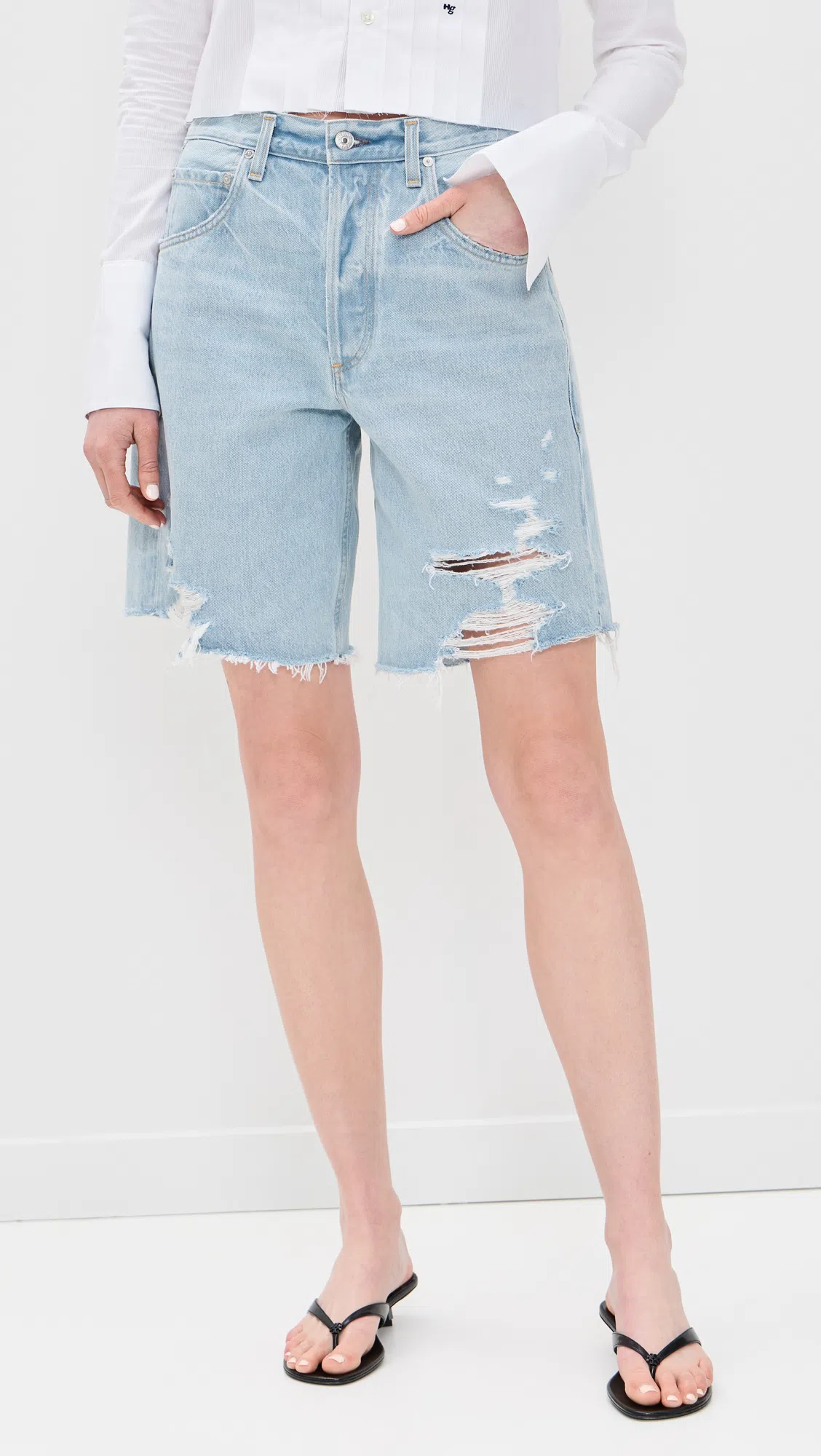 CITIZEN OF HUMANITY Ayla Distressed High Waist Cutoff Denim Bermuda Shorts In Blue