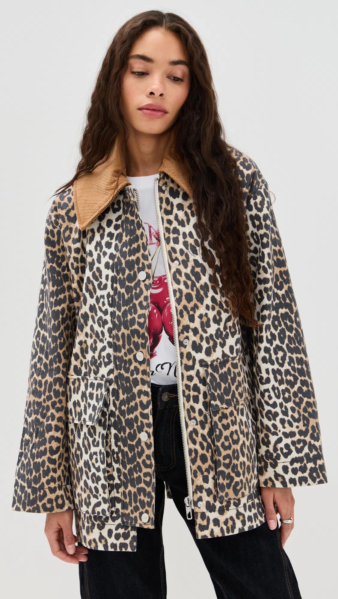 GANNI Leopard Printed Canvas Midi Puffer Jackets Brown In Animal Print