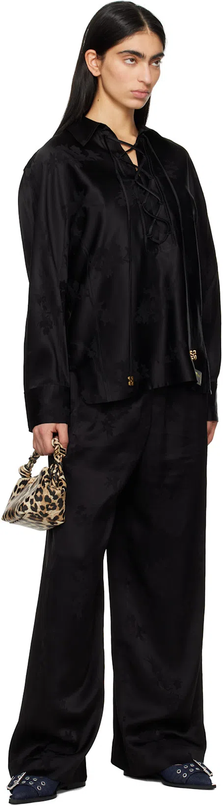 GANNI Black Satin Jacquard Tie String Shirt In 099 Black