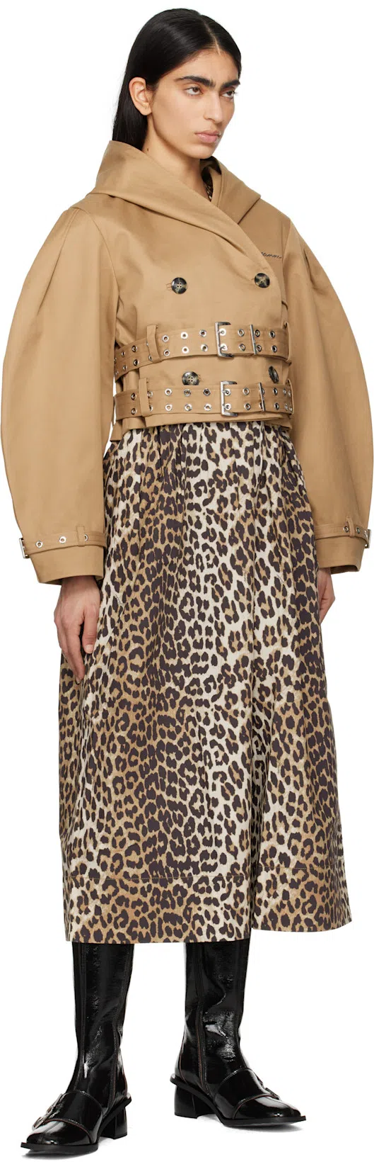 GANNI Leopard Printed Cotton Tie Strap Midi Dress In Brown